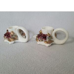 Set 2 Fall Maple Leaf Candle Stick Holder Roses Vintage Ceramic